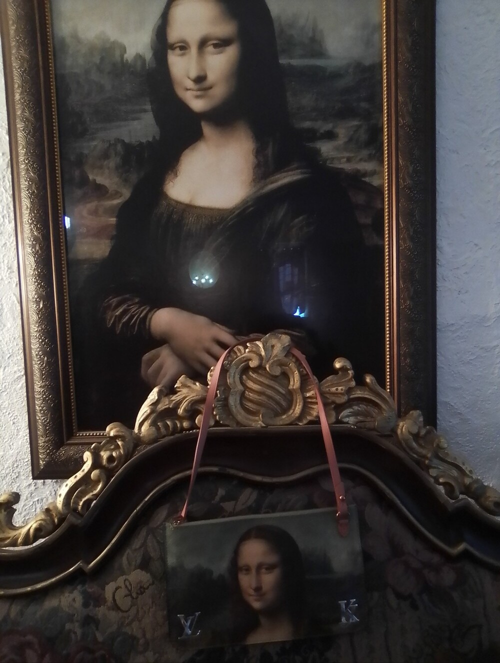 Louis Vuitton Olive Green Mona Lisa Art-Print Wristlet with Pink Strap